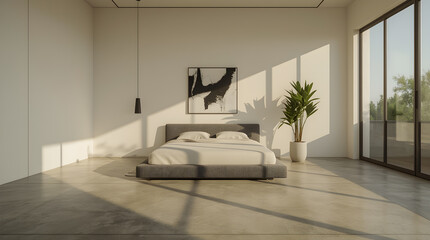 Minimalist bedroom with a low platform bed, abstract art, and large windows casting dramatic shadows.