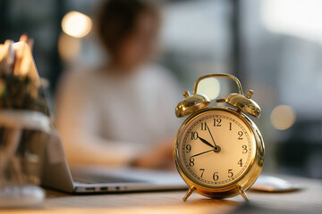 Golden vintage alarm clock displayed near a blurry figure working on a laptop