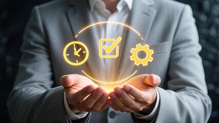 A businessman holds glowing productivity icons above cupped hands in dark space, checklist, task progress tracking, checklist tracking - Powered by Adobe