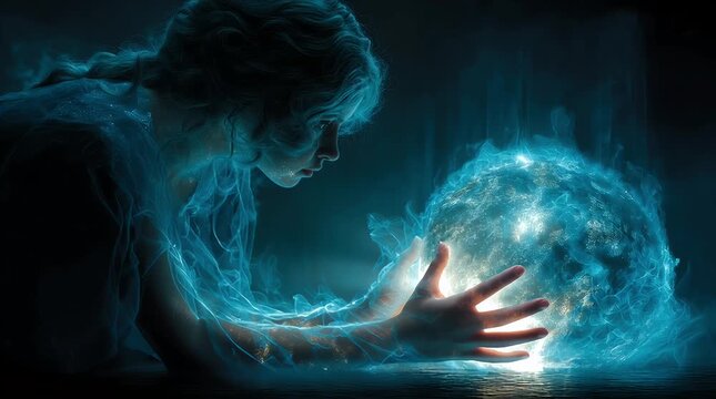 輝く光の球体を両手で包み込む女性のミステリアスなファンタジーシーン | A Mysterious Fantasy Scene of a Woman Cupping a Glowing Orb of Light in her Hands