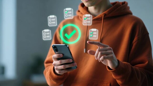 A man is holding a phone while glowing checkmark icons float above in arc, checklist, task progress tracking, checklist tracking
