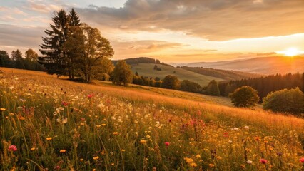Obraz premium Commercial high-resolution photo of golden evening light illuminates a grassy field of flowers creating an inspiring autumnal aesthetic.