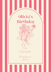 Happy Birthday girly cards in elegant trendy hand drown retro 90s style. Minimalist line art. Celebration congratulations posters with flowers and cocktails. Vector frame template for party, event.