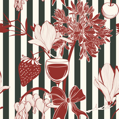Seamless vector pattern with red cherry, strawbery, flowers and striped green on vertical stripes. Bright and playful Mediterranean design for fabric, branding, kitchen decor, gift wrap or summer. 