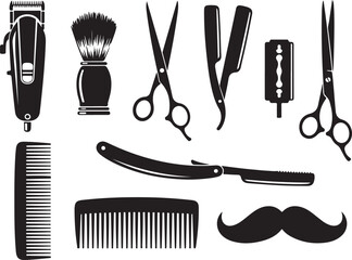 Black silhouette icons of barber tools and mustache black and white electric razor