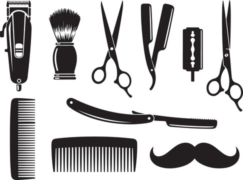 Black silhouette icons of barber tools and mustache black and white electric razor
