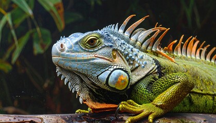 Close-up profile view of a vibrant iguana showcasing its intricate scales and striking color palette against a dark, lush background.