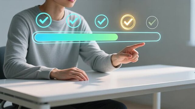 A man hand points at golden glowing progress icon in row of checkmarks, checklist, task progress tracking, checklist tracking