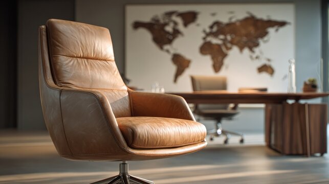 Executive Office Interior with Leather Chair and World Map Artwork for Global Business Concepts