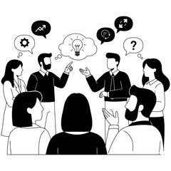  Black and white vector illustration of colleagues exchanging ideas.

