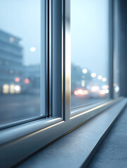Close up of modern window frame with city lights reflection

