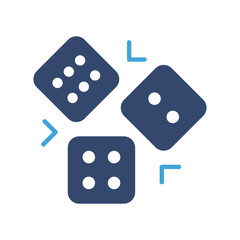 Three blue dice with pip counts of six two and four are arranged around small blue arrow shapes