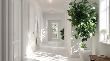 Fototapeta premium Scandinavian hallway with tall leafy plant