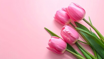 Fototapeta premium Delicate pink tulips arranged artfully on a pastel pink background.