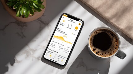 Mobile Phone Displaying Data Next to Coffee and Plant