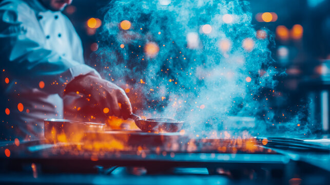 Dynamic culinary artistry in action: professional chef masterfully prepares dish with vibrant flames, swirling smoke, and glowing sparks in modern kitchen setting
