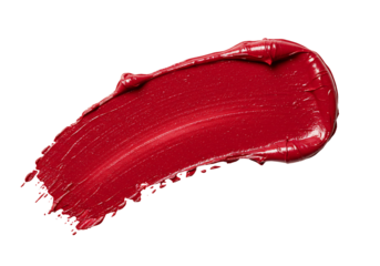 Red lipstick swatch cosmetic texture makeup smudge beauty product sample glossy paint stroke abstract design element red color isolated transparent background