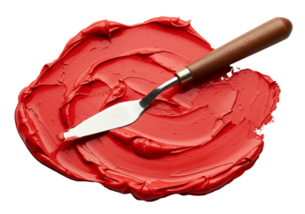 Red paint swirl with palette knife on transparent background
