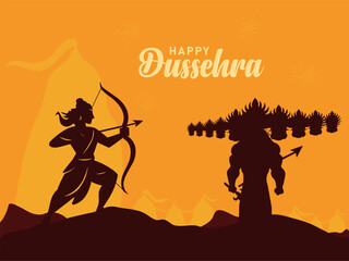 Happy Dussehra or Vijaydashmi Indian Festival celebration background. Vector silhouette illustration of lord rama killing ravana.