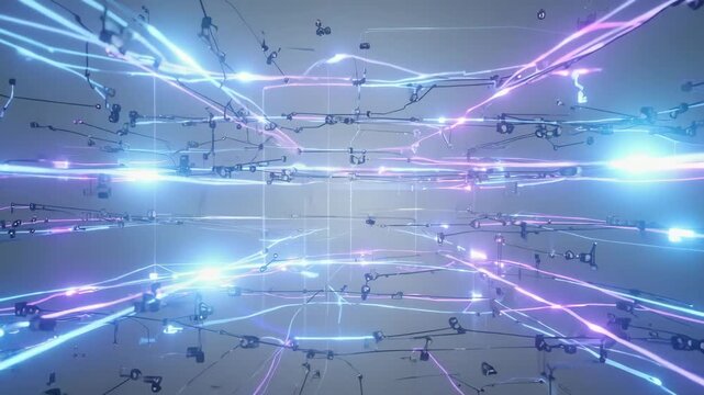 4K cinematic abstract data network, glowing nodes connected across multidimensional layers, neon energy futuristic holographic feel, data collisions 3D immersive sci-fi animation