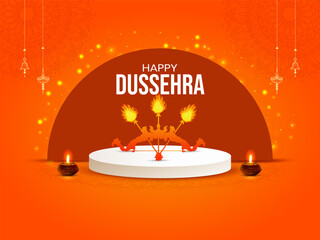 Happy Dussehra or Vijaydashmi Indian Festival celebration pedestal podium background design Vector illustration on victory over evil concept.