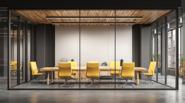 Modern boardroom with glass walls, wooden table, yellow chairs, offering a professional meeting space for business collaborations