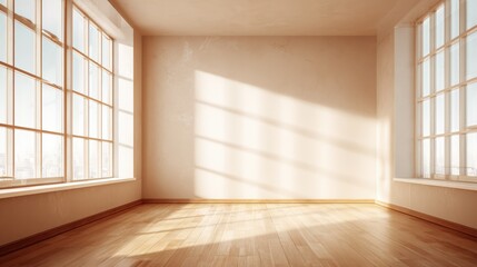 Obraz premium Bright Empty Room with Large Windows and Wooden Floor, Ideal for Interior Design Mockups