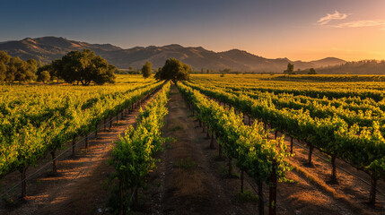 Naklejka premium Panoramic Vineyard Sunset: Rows Of Grapevines At Golden Hour