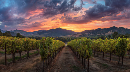 Naklejka premium Panoramic Vineyard Sunset: Rows Of Grapevines At Golden Hour