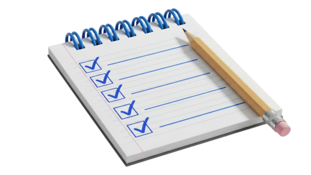 Spiral notebook with checklist and pencil isolated on black background