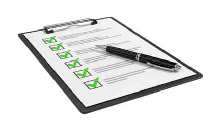 Completed checklist on clipboard with black pen isolated on black