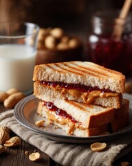 Peanut Butter and Jelly Sandwich with Milk and Peanuts