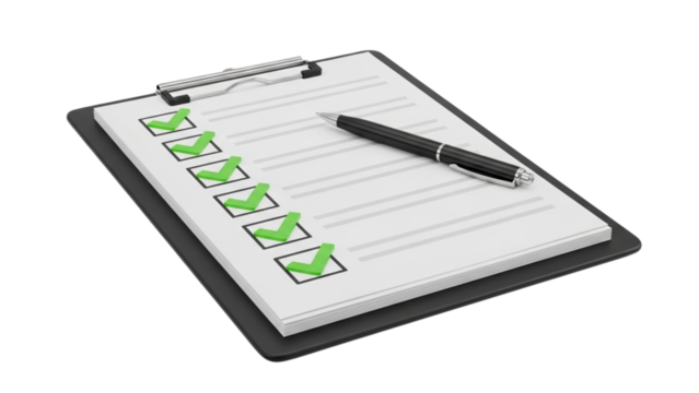 Completed checklist on clipboard with green checkmarks and pen