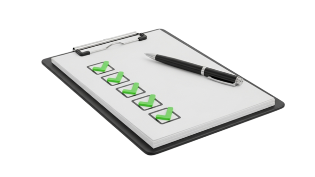Completed checklist on clipboard with pen approval success symbol