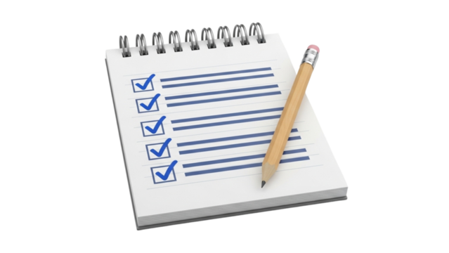 Notepad with checkmarks and a pencil on dark background completion planning