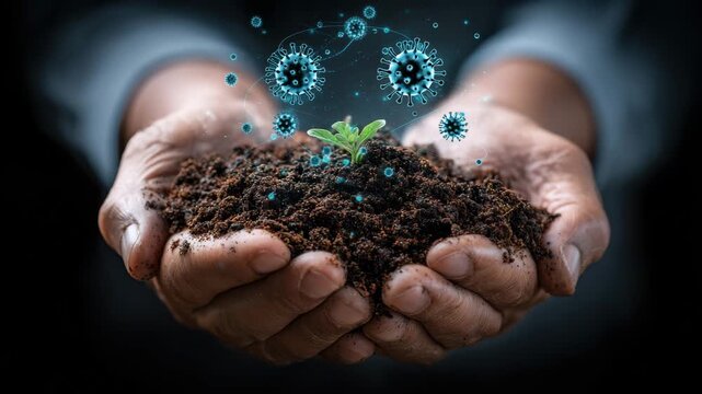 Young plant and seedling growth in soil held by hands with digital virus icons symbolizing bio fertilizer innovation and protection potential