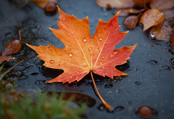 A vibrant orange maple leaf with water droplets rests on a sleek, dark, reflective surface outdoors.