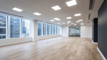 Bright and Modern Office Space with Large Windows, Hardwood Flooring, and Contemporary Lighting System