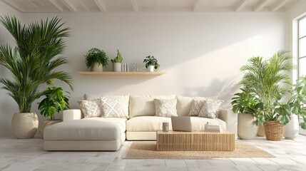 Obraz premium Bright Living Room Interior with Beige Sofa, Wooden Coffee Table, Plants and Natural Light