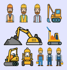 Collection of 11 modern minimal vector icons of construction professions, crane operator, bulldozer driver, demolition worker, and excavator operator, clean line art style