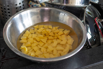Sliced potatoes in an aluminum bowl immersed in water.