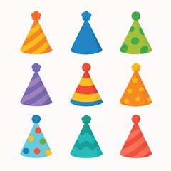 Nine colorful patterned party hats arranged in a grid. Perfect for birthday party invitations, event posters, celebration decorations, and festive designs.
