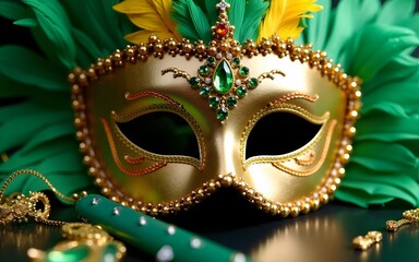 Golden-green feathered carnival mask with gemstones, representing Brazil Independence Day's festive luxury. High quality