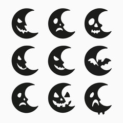 Nine spooky halloween crescent moons with unique facial features. Perfect for halloween designs, party invitations, greeting cards, and spooky decorations.