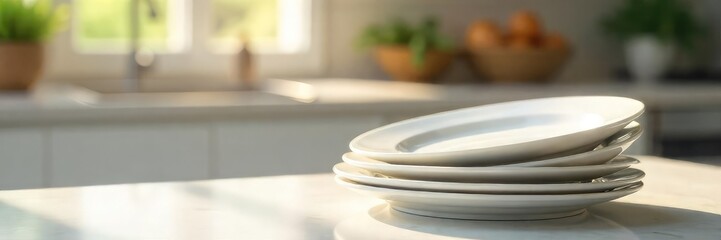 A stack of clean, white dinner plates sits neatly on a kitchen counter, ready for a meal Sunlight streams in, highlighting the subtle texture of the ceramic , kitchen plates, close up