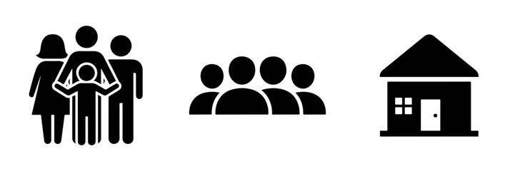 Flat Design Icon Set: Black Silhouettes of Family, People Group, and Residential House