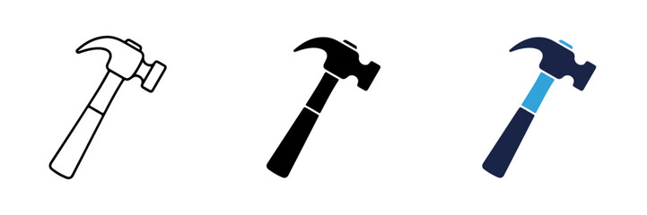 Versatile Claw Hammer Icon Collection in Outline, Solid Black, and Modern Blue Tones