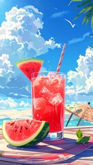 A vibrant depiction of a refreshing watermelon drink on a sunny beach scene, showcasing bright colors and a cheerful mood.