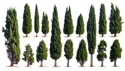 Collection of various italian cypress trees with different shapes and sizes, isolated on a white background.