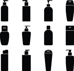 Cosmetic bottle vector illustration, shampoo container silhouette, lotion pump dispenser icon, beauty packaging design, skincare product symbol,
